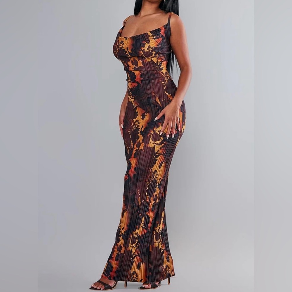 SOLD Abstract Cowl Neck Plisse Maxi Dress
